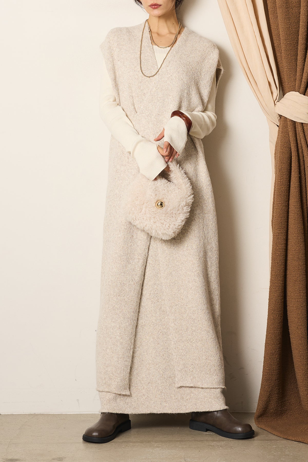 現行極美品　y-3 ニットワンピース　切り替え　ダブルジップ　コート　羽織り SET]クロスデザインミックスニットワンピース+ミックスワイド