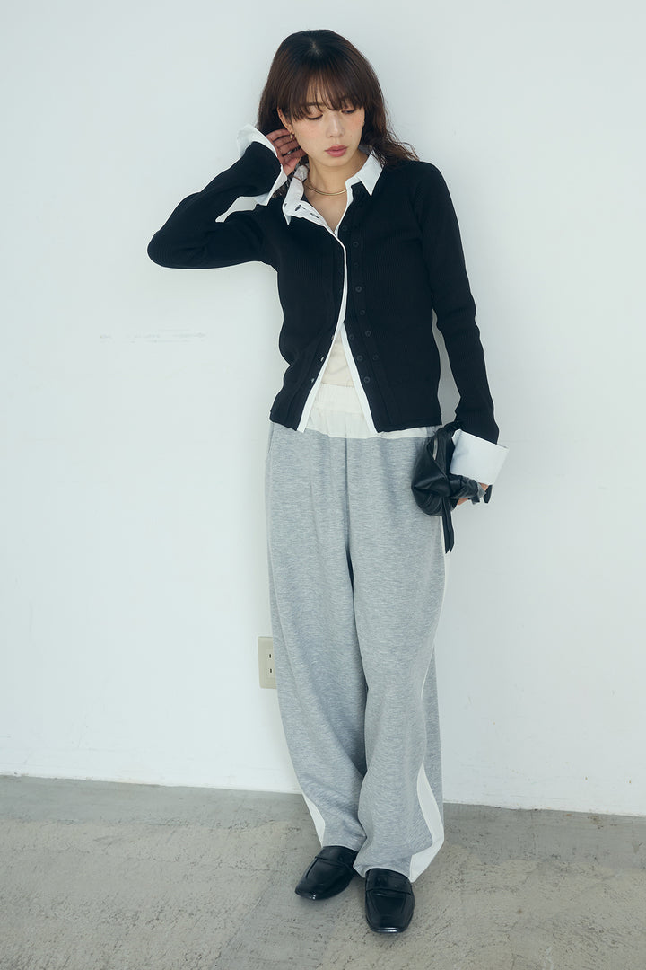 [SET]シャツドッキングボタンニットカーディガン+異素材切り替えスウェットパンツ(2set)