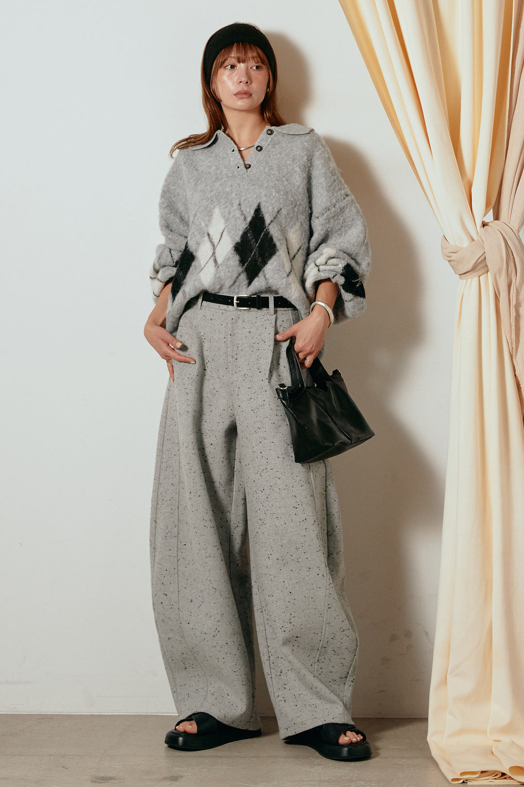 [SET]アーガイル柄ポロニットトップス+ベルト付きネップツイードカーブパンツ(2set)