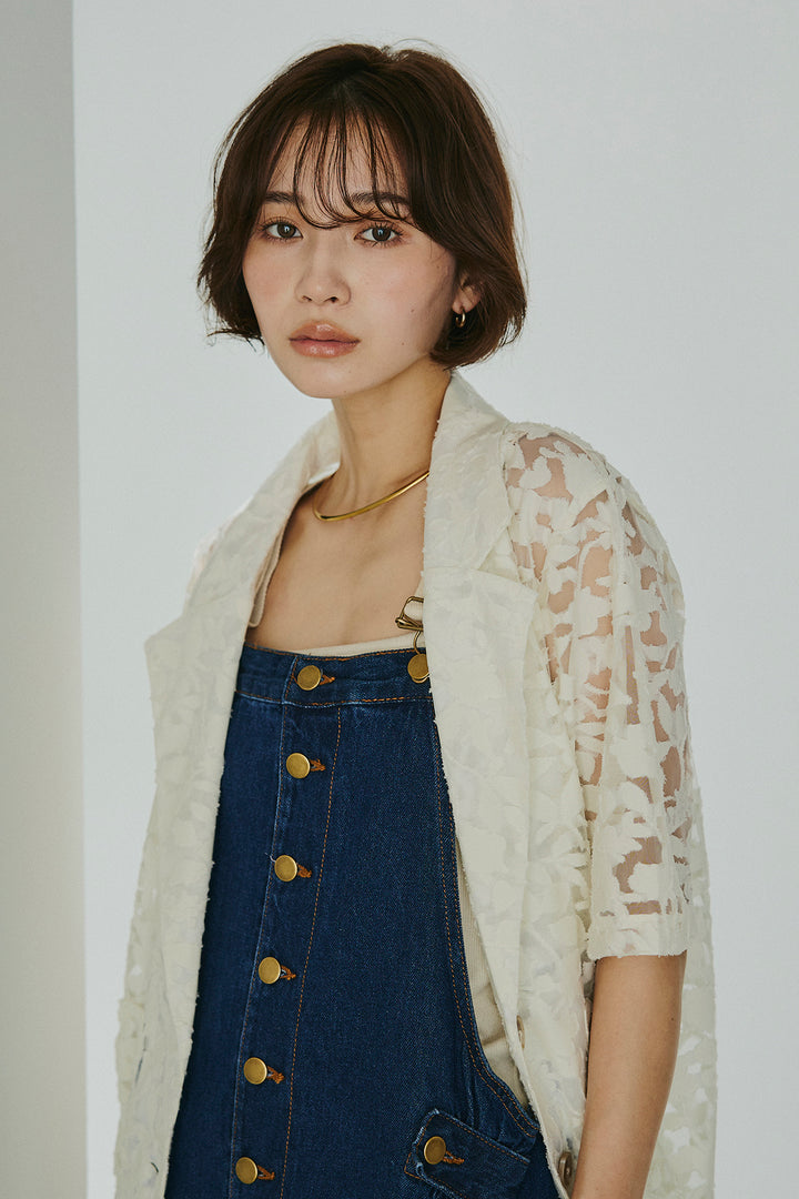 [SET]シアージャガードハーフスリーブテーラードジャケット+配色ショルダーデニムサロペットスカート(2set)