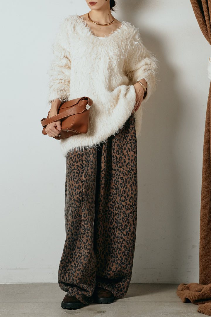 [SET]深Vネックシャギーニットトップス+リラックスレオパード柄ワイドパンツ(2set)