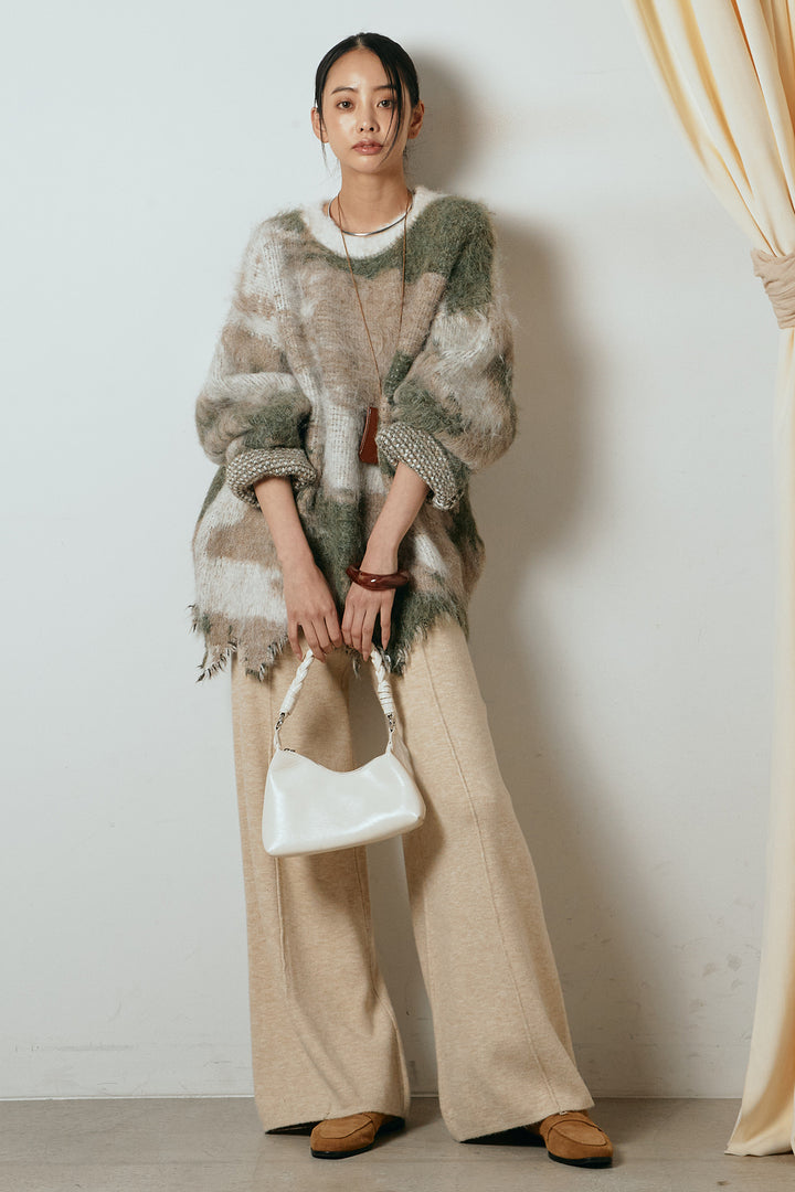 [SET]起毛裾デザインニュアンス柄ニットトップス+センターラインニットパンツ(2set)