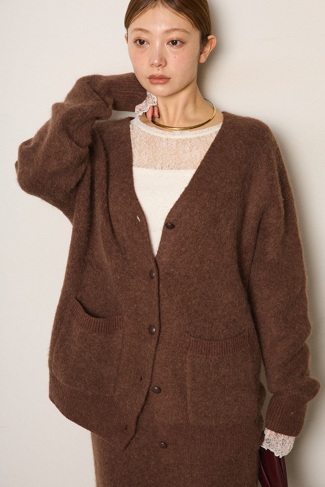 [SET]丸ボタン起毛ニットカーディガン+起毛ニットロングスカート(2set)