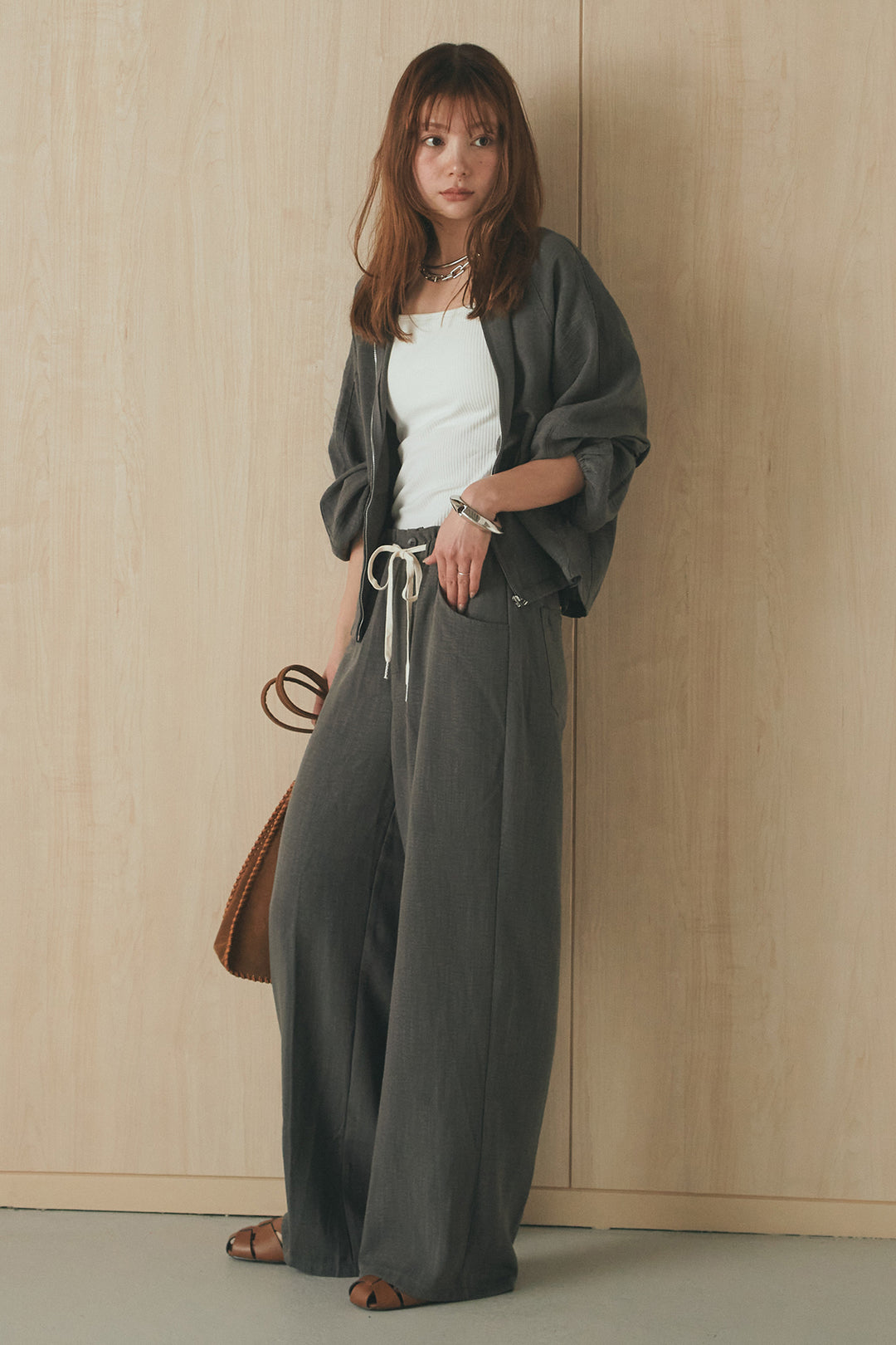 [SET]麻混ノーカラーブルゾン+麻混ウエストドロストパンツ(2set)