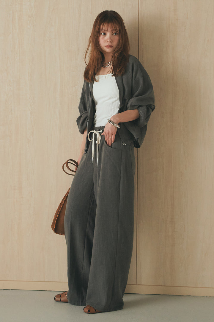 [SET]麻混ノーカラーブルゾン+麻混ウエストドロストパンツ(2set)