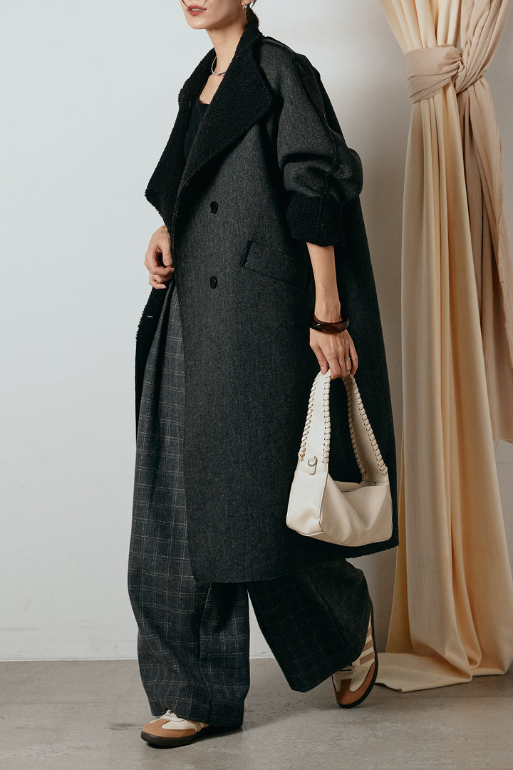 [SET]裏地ボアハイネックロングアウター+ウールライクチェックタックパンツ(2set)