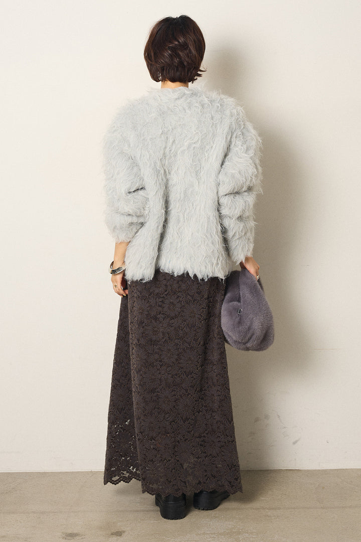 [SET]起毛シャギーニットカーディガン+花柄刺繍ベロアフレアスカート(2set)