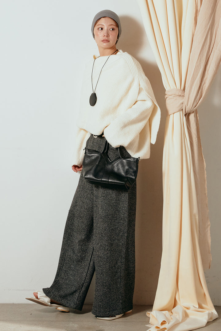 [SET]ケープデザインリブニットトップス+太ベルト付きツイードワイドパンツ(2set)