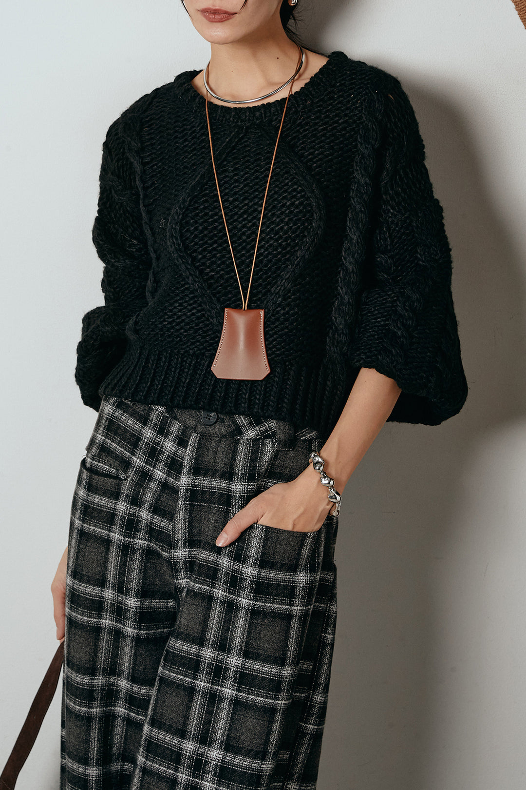 [SET]ロービングケーブルショート丈プルオーバー+ルーズタータンチェックワイドパンツ(2set)