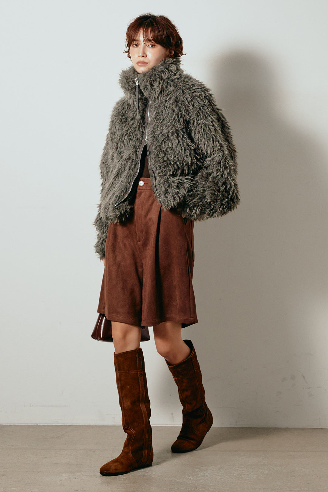 [SET]ミックスシープファースタンドブルゾン+フェイクスウェードハーフパンツ(2set)