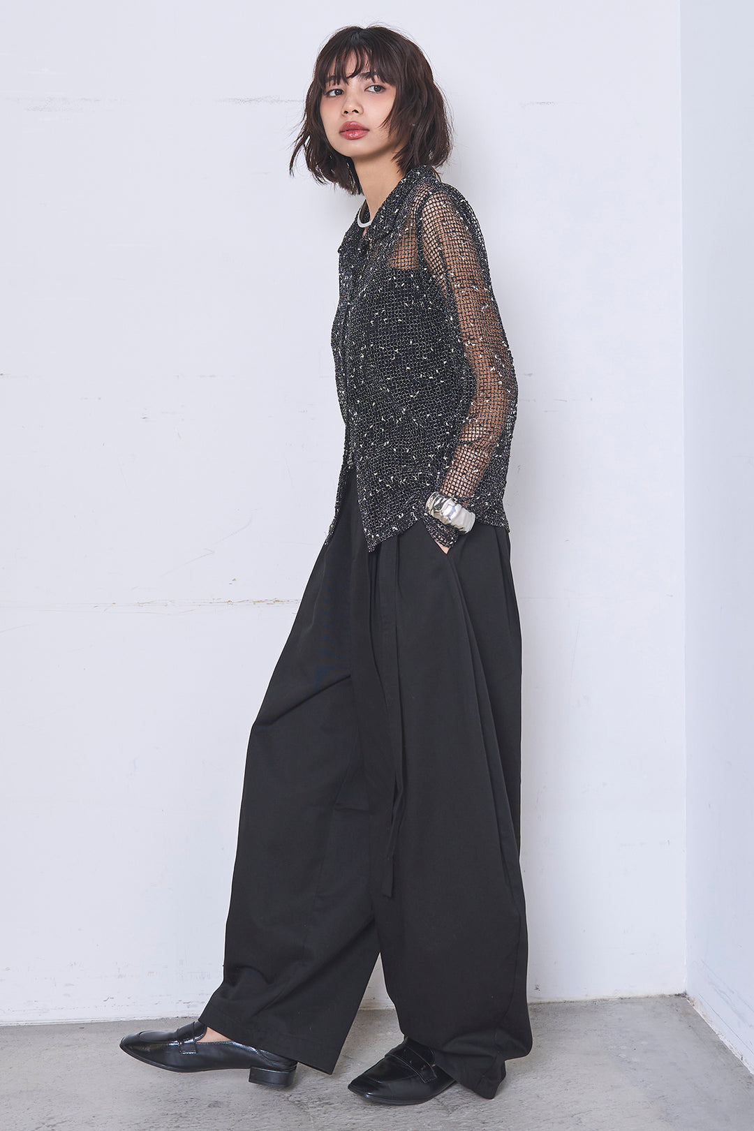 [SET]ネップメッシュポロ襟カーディガン+紐ベルト付きカーブワイドパンツ(2set)