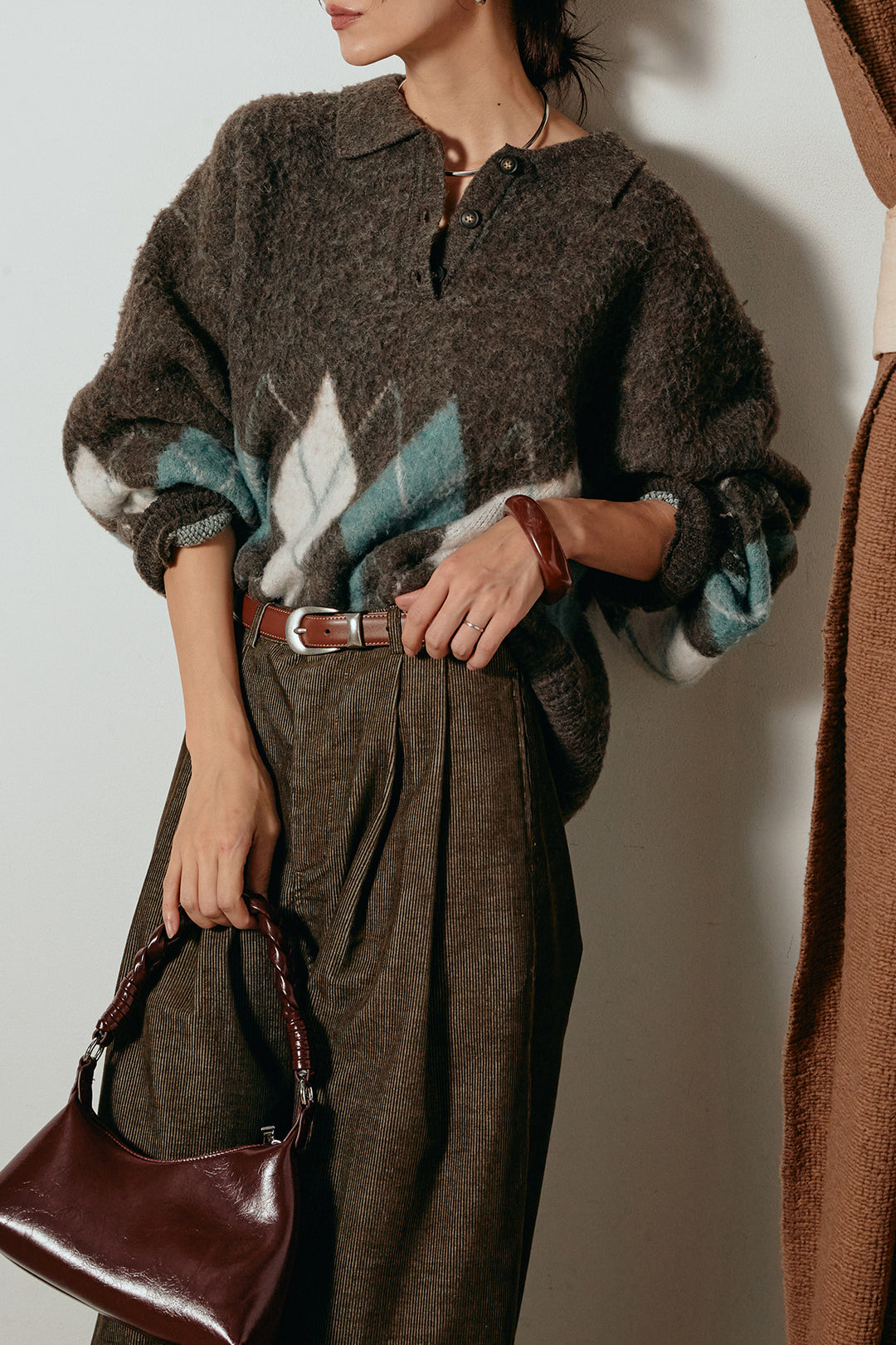 [SET]アーガイル柄ポロニットトップス+フロントタック入りコーデュロイパンツ(2set)