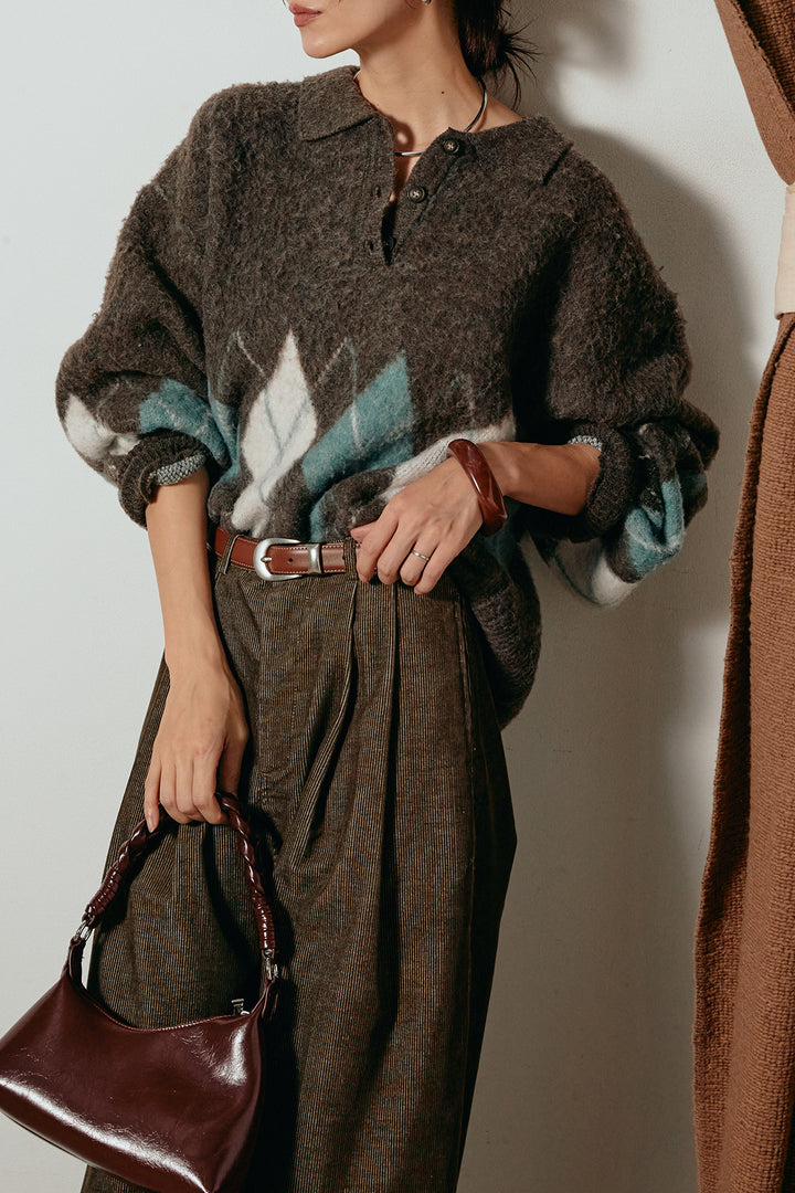 [SET]アーガイル柄ポロニットトップス+フロントタック入りコーデュロイパンツ(2set)