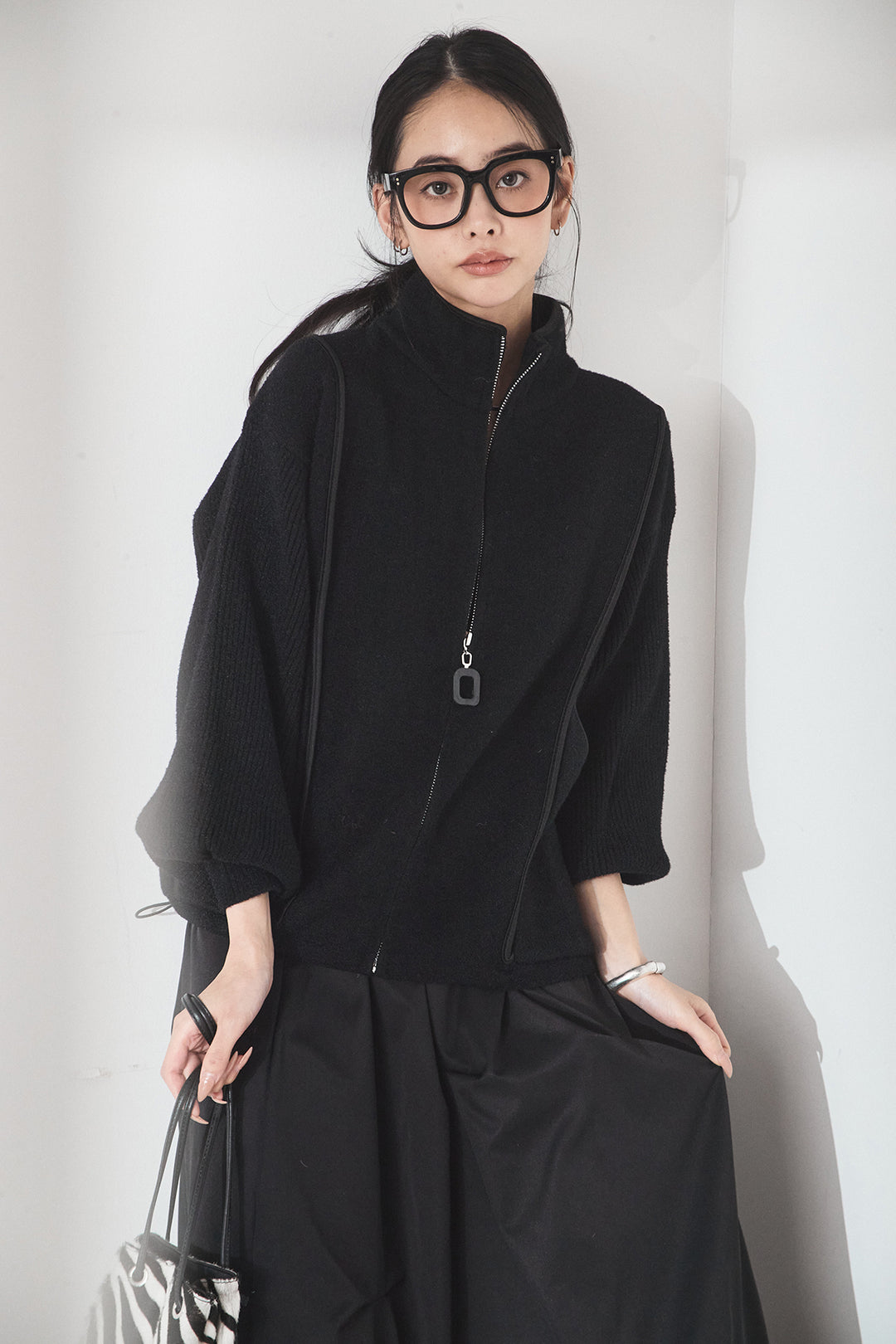 [SET]ハイネックパイピングデザインブルゾン+ランダムタックバルーンスカート(2set)