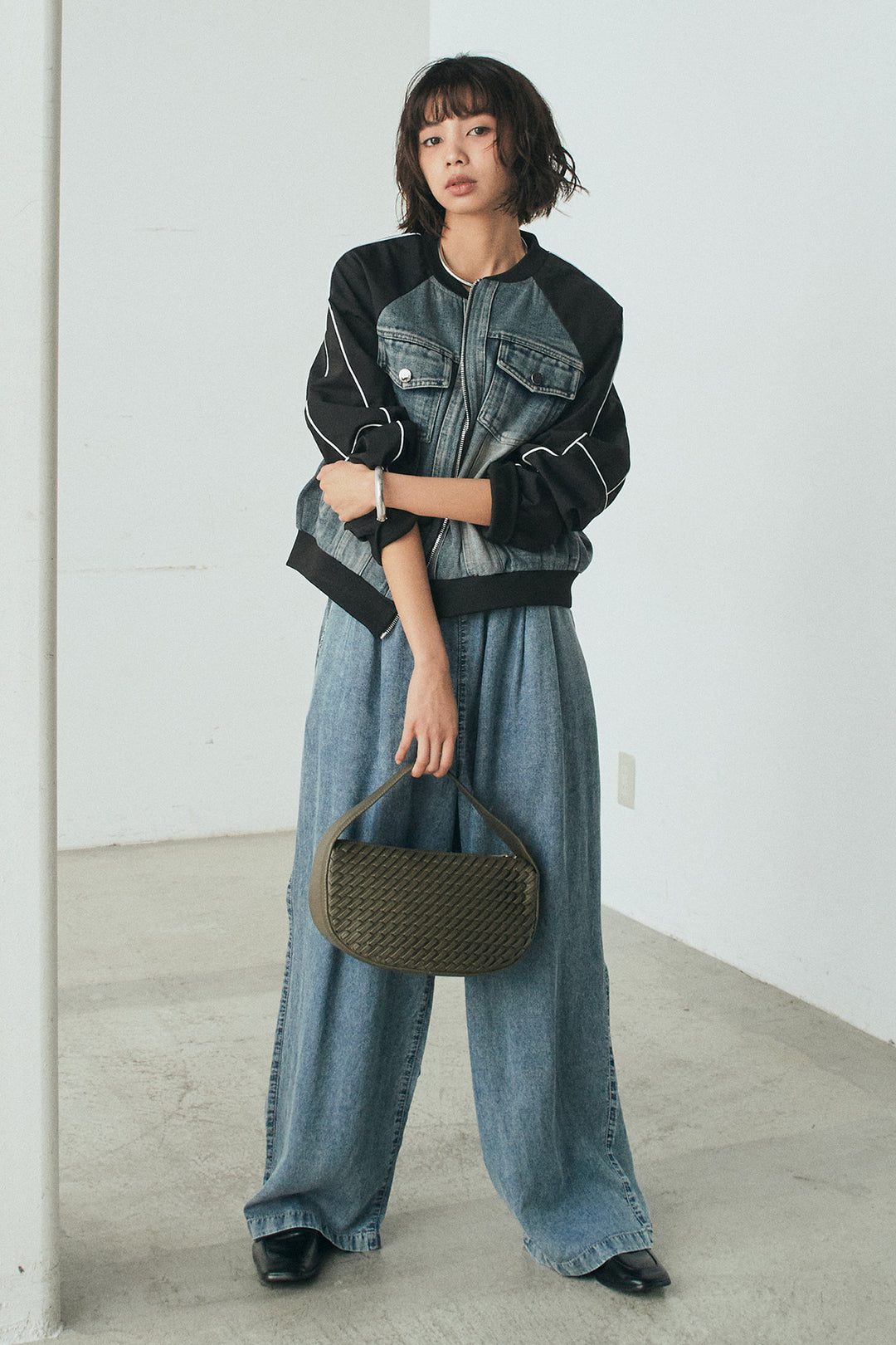 [SET]ナイロンデニムドッキングブルゾン+テンセルデニムイージーワイドパンツ(2set)