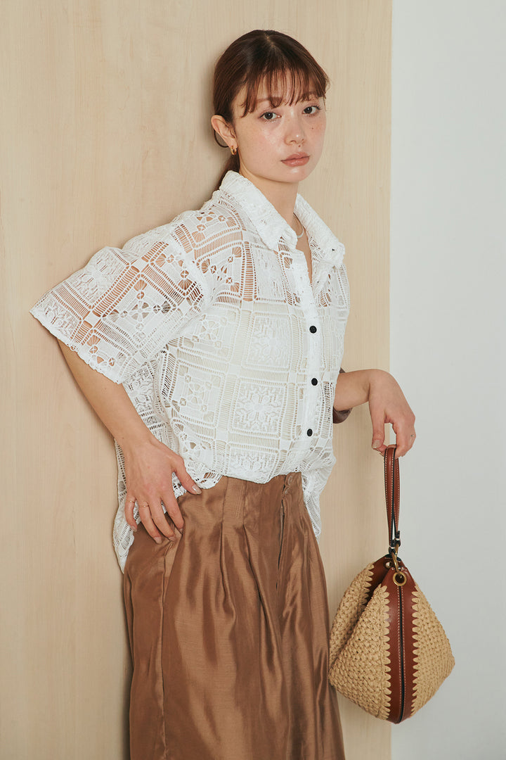 [SET]クロシェレースハーフスリーブシャツ+ダブルボタンワイドパンツ(2set)