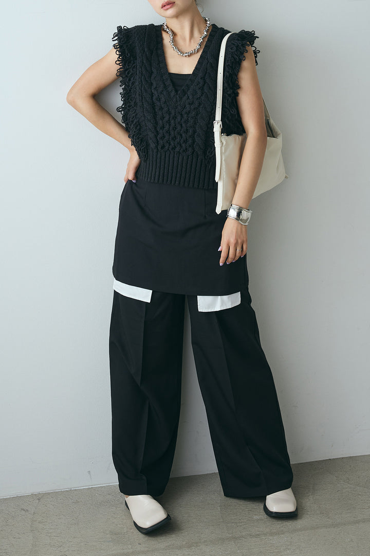 [SET]Vネックループフリンジニットベスト+ストレートパンツ＆ミニスカートセット(2set)