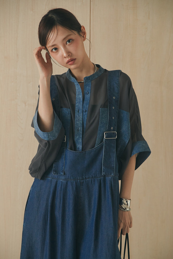 [SET]デニムライクビッグツーポケシアーシャツ+前後2WAYテンセルデニムサロペット(2set)