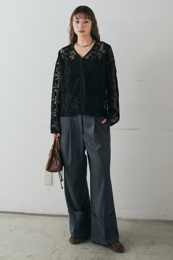 [SET]クロシェレースカーディガン+センタープレスセミワイドパンツ(2set)