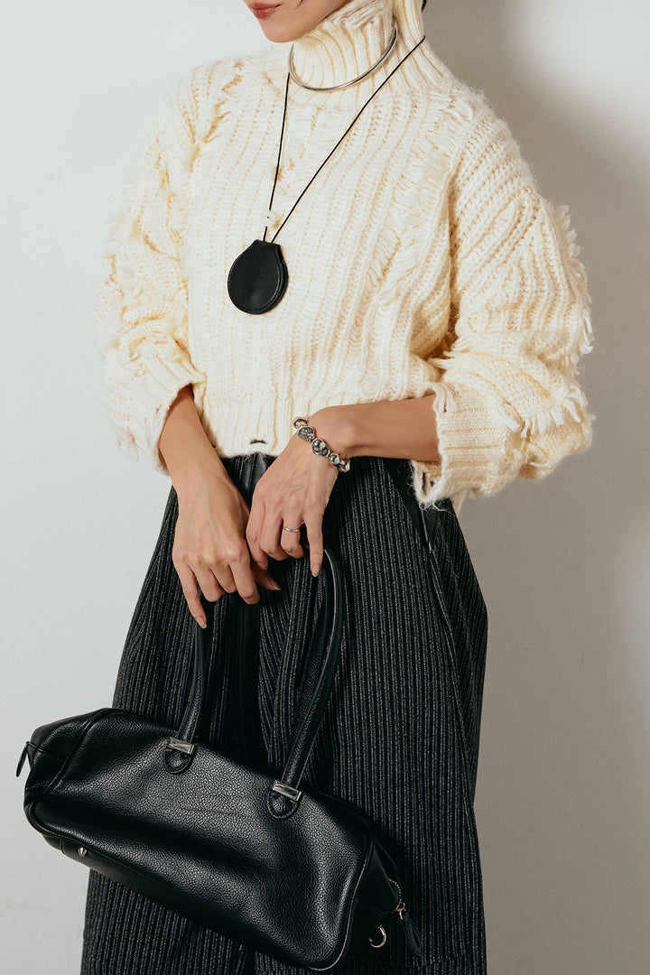 [SET]フリンジタートルショートニット+レザーライク配色ストライプパンツ(2set)