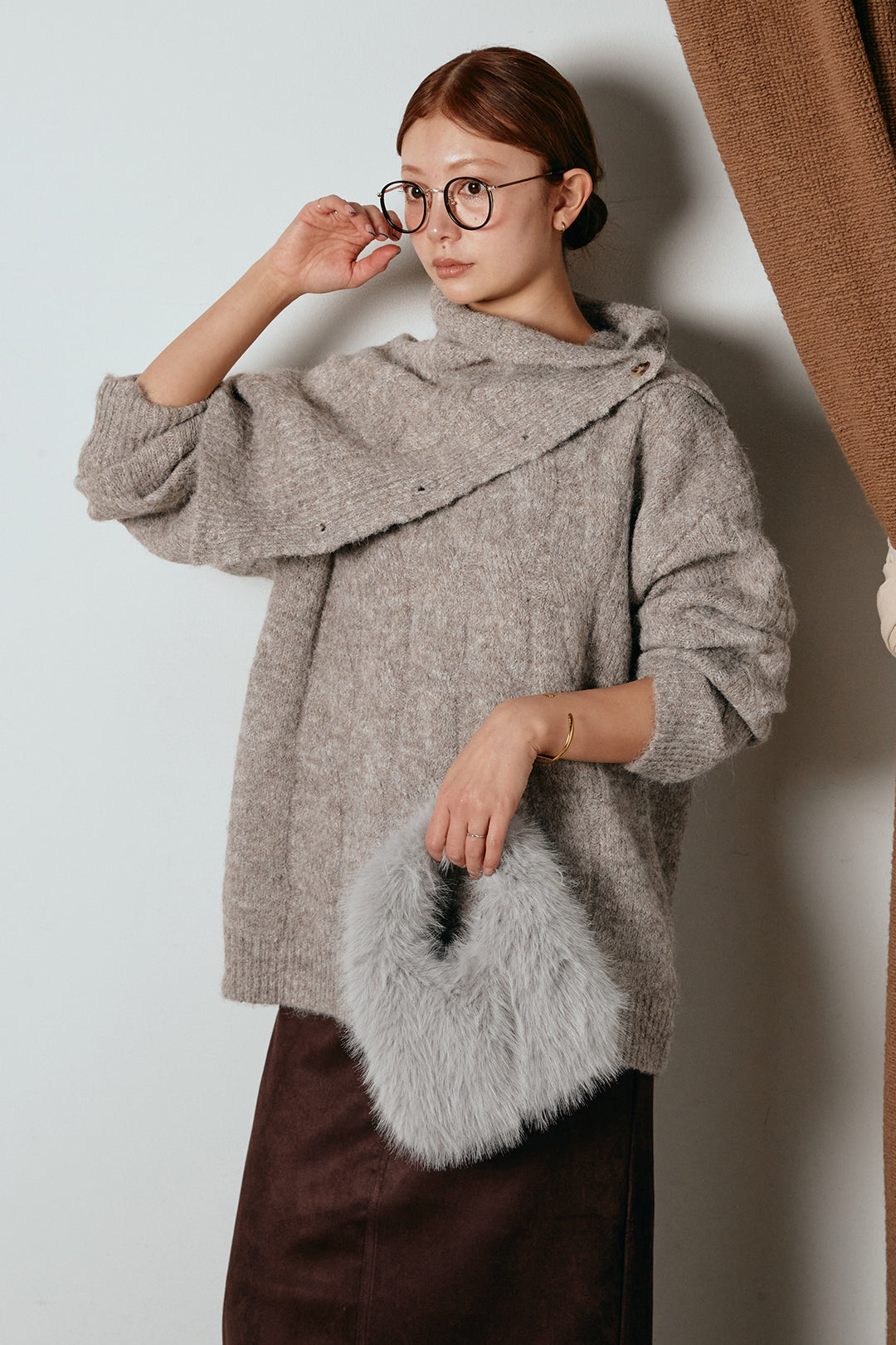 [SET]ケープデザインケーブルニットトップス+スウェードライク裾フリンジスカート(2set)