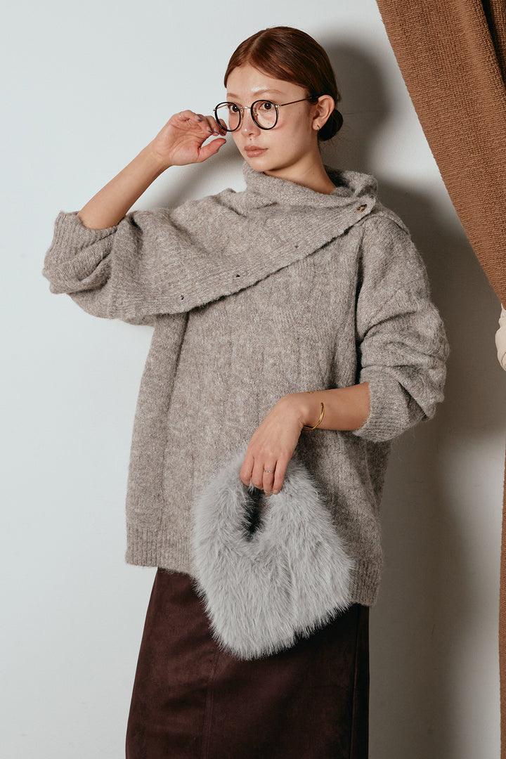 [SET]ケープデザインケーブルニットトップス+スウェードライク裾フリンジスカート(2set)