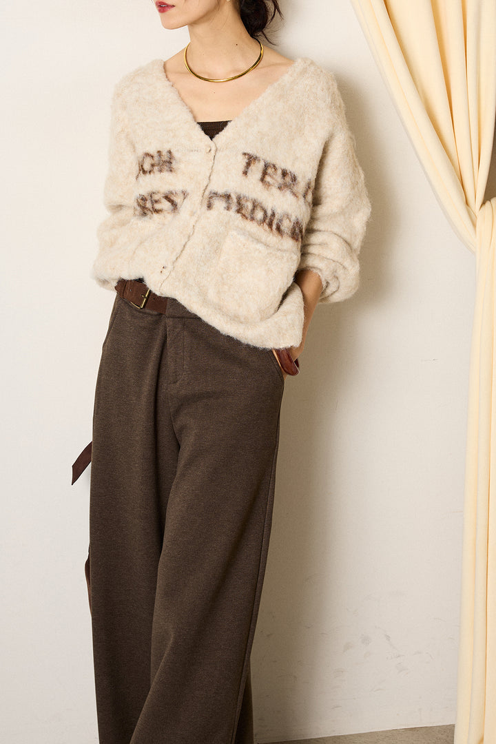 [SET]ウール混透かしロゴニットカーディガン+サイドベルトパンツ(2set)