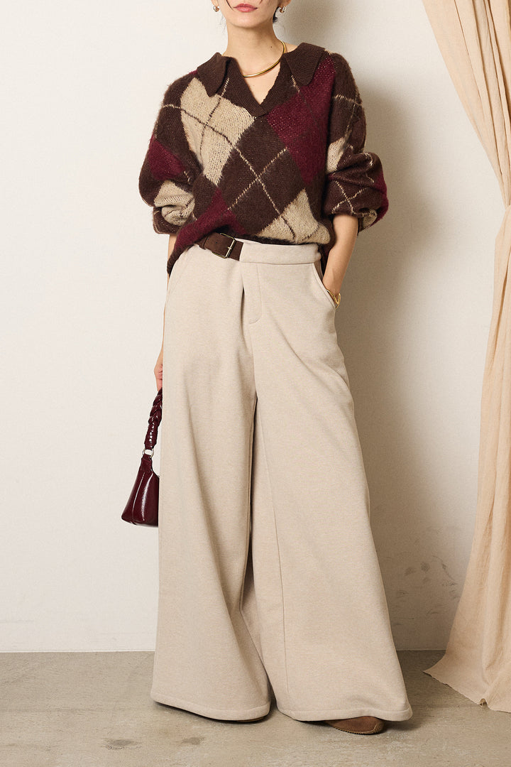 [SET]アクリルモヘアアーガイルキーネックプルオーバー+サイドベルトパンツ(2set)