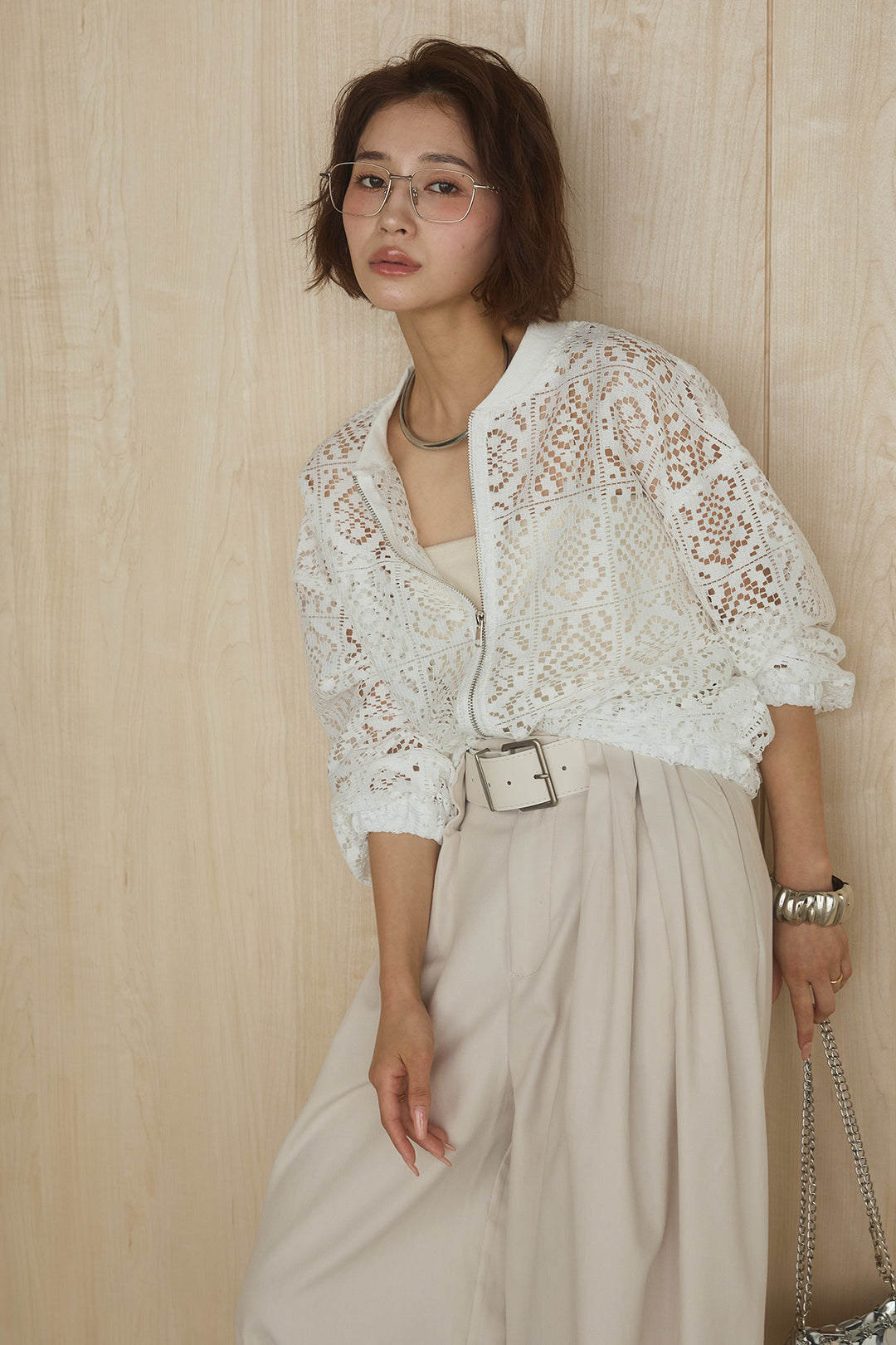 [SET]幾何レースブルゾン+ベルト付きビックループワイドパンツ(2set)