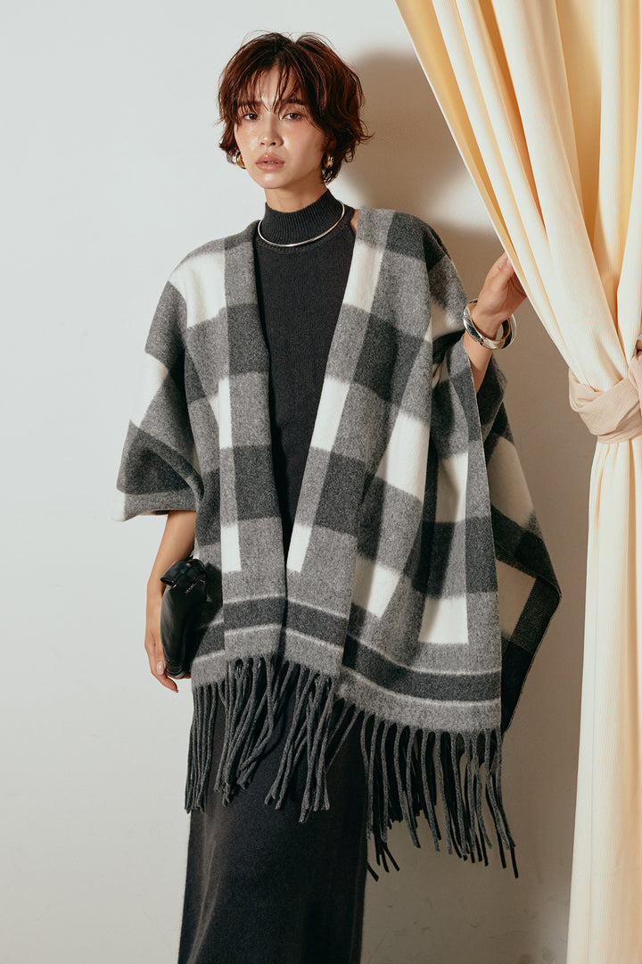 [SET]裾フリンジ柄ポンチョアウター+ノースリーブニットロングワンピース(2set)