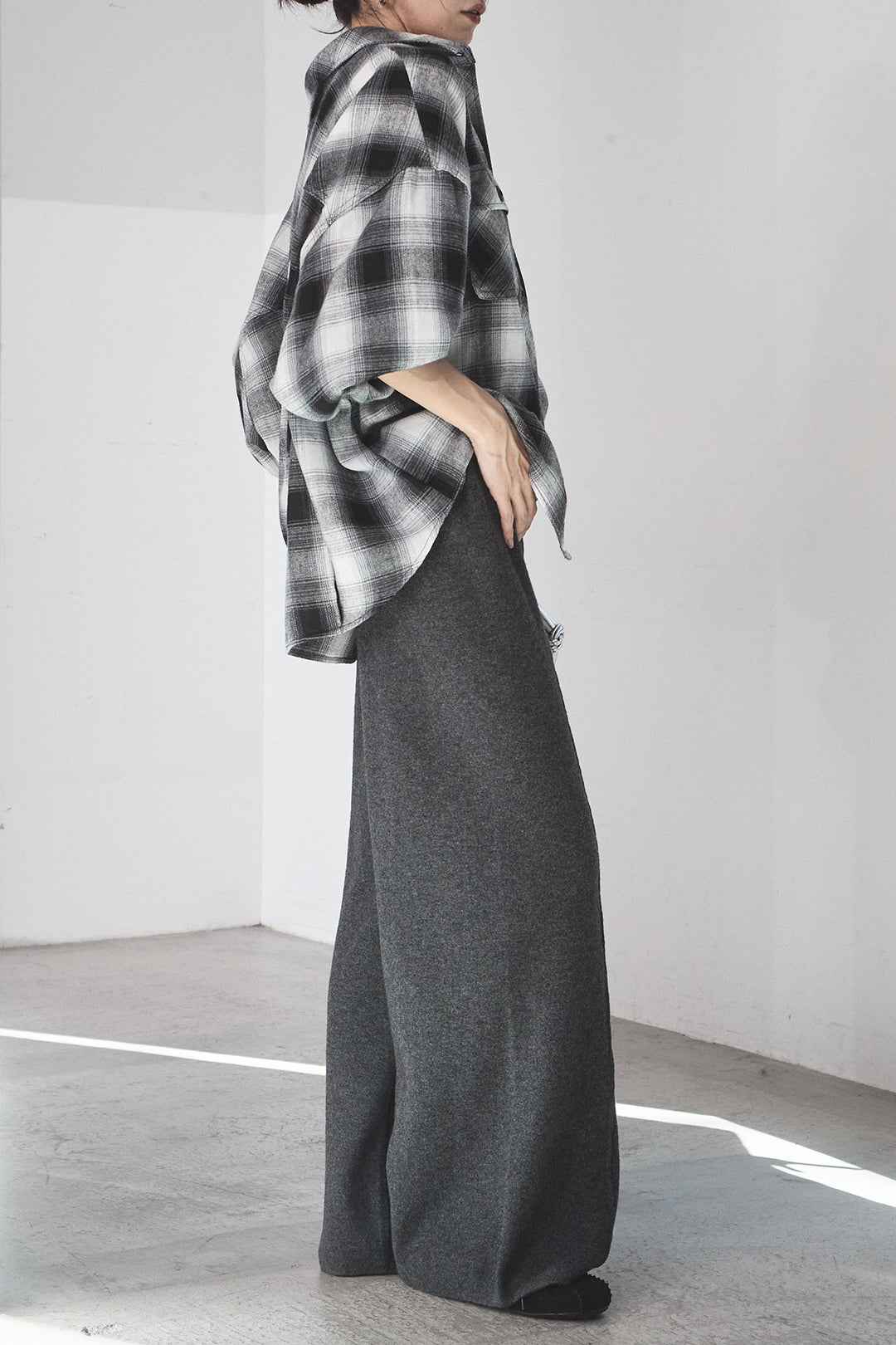 [SET]オンブレーチェックビッグシルエットCPOシャツ+センターラインニットパンツ(2set)