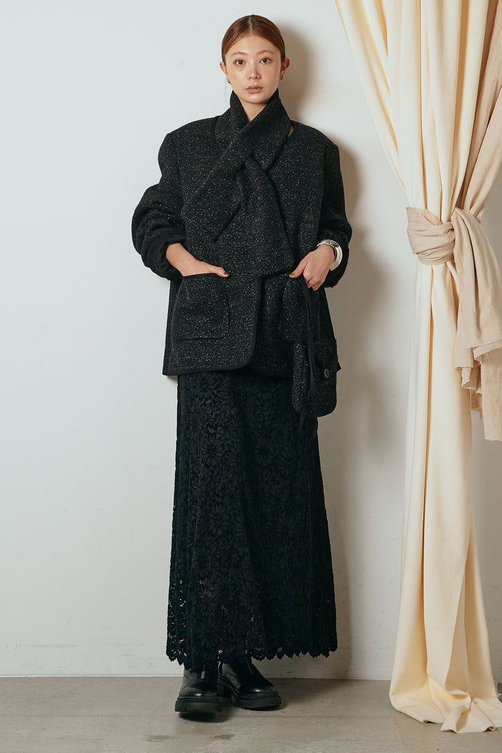 [SET]ノーカラーマフラーバッグ付きアウター+花柄刺繍ベロアフレアスカート(2set)