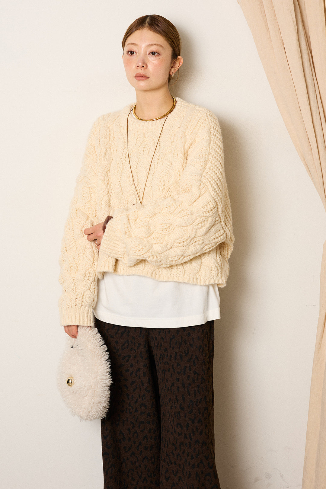 [SET]ケーブルリラックスショートニット+レオパードジャガードニットパンツ(2set)