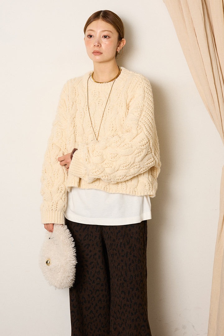 [SET]ケーブルリラックスショートニット+レオパードジャガードニットパンツ(2set)