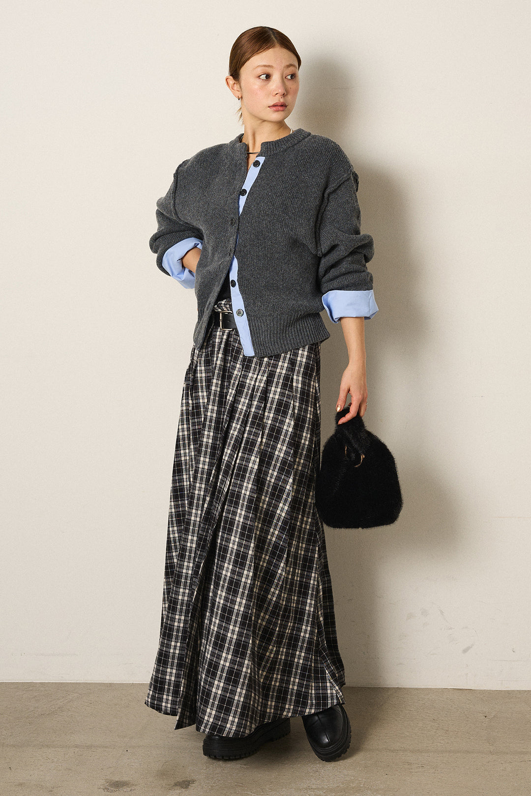 [SET]シャツドッキングニットカーディガン+ベルト付きタータンチェックプリーツスカート(2set)
