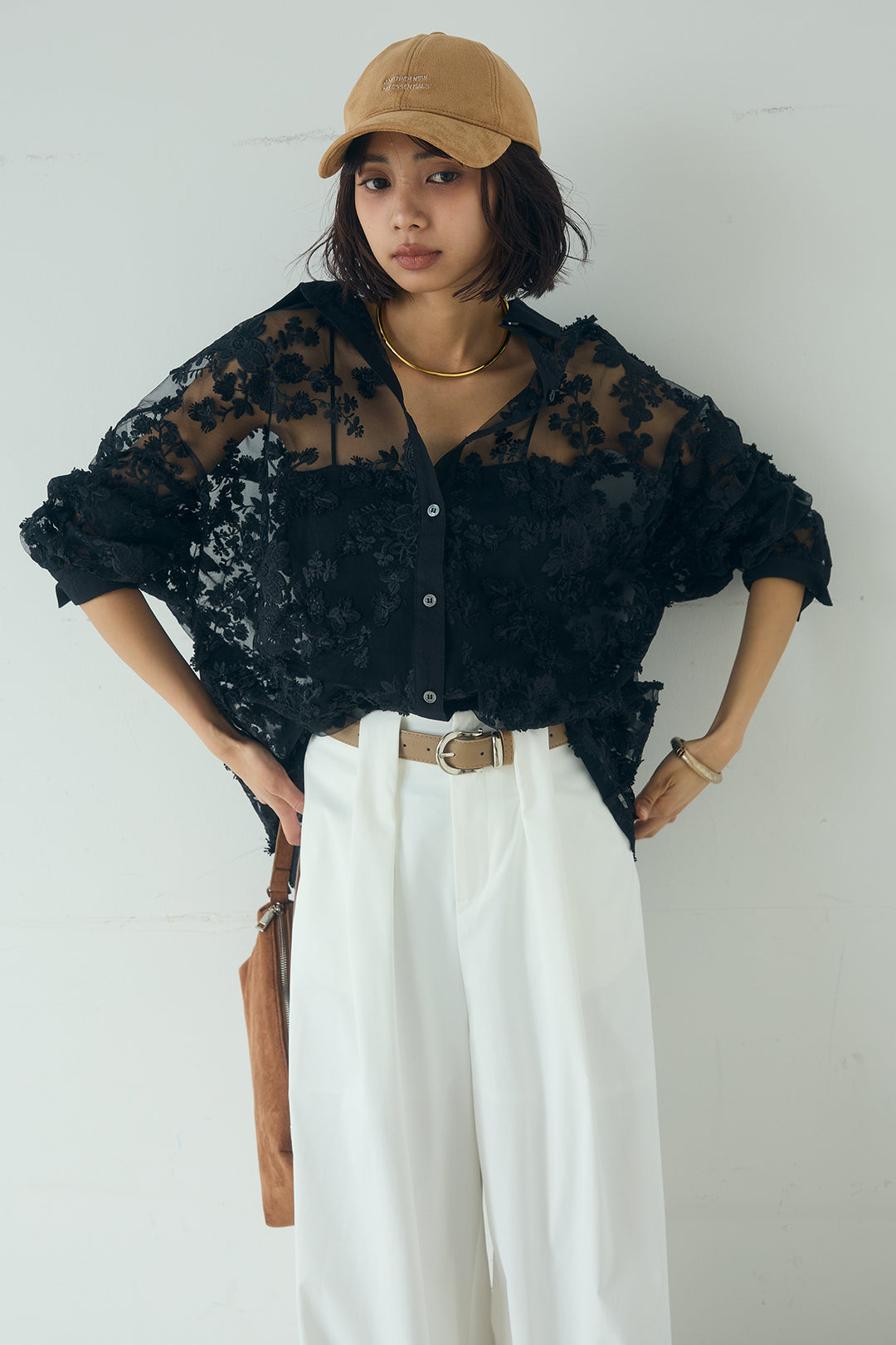 [SET]立体フラワー刺繍レースシャツ+ベルトループデザインハイウエストタックパンツ(2set)