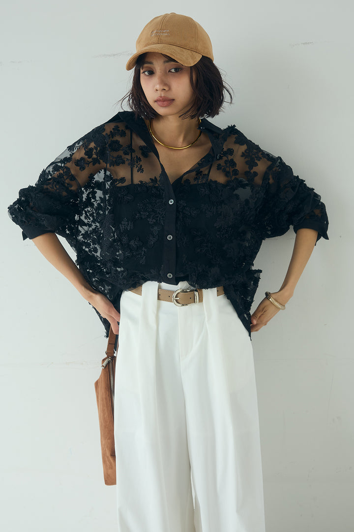 [SET]立体フラワー刺繍レースシャツ+ベルトループデザインハイウエストタックパンツ(2set)