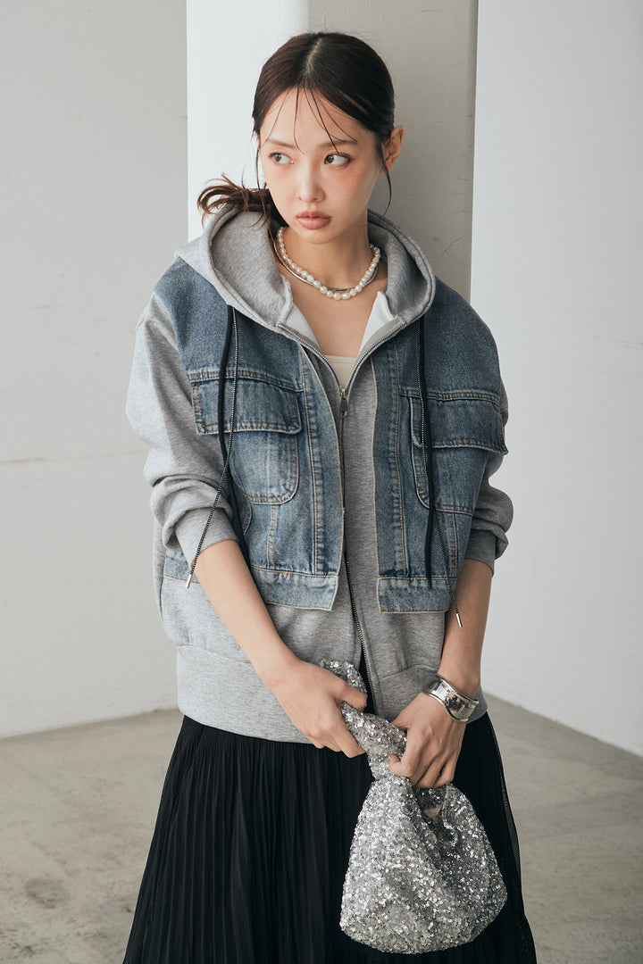 [SET]デニム切替ポンチダブルジップパーカー+ボリュームシルエットチュールスカート(2set)