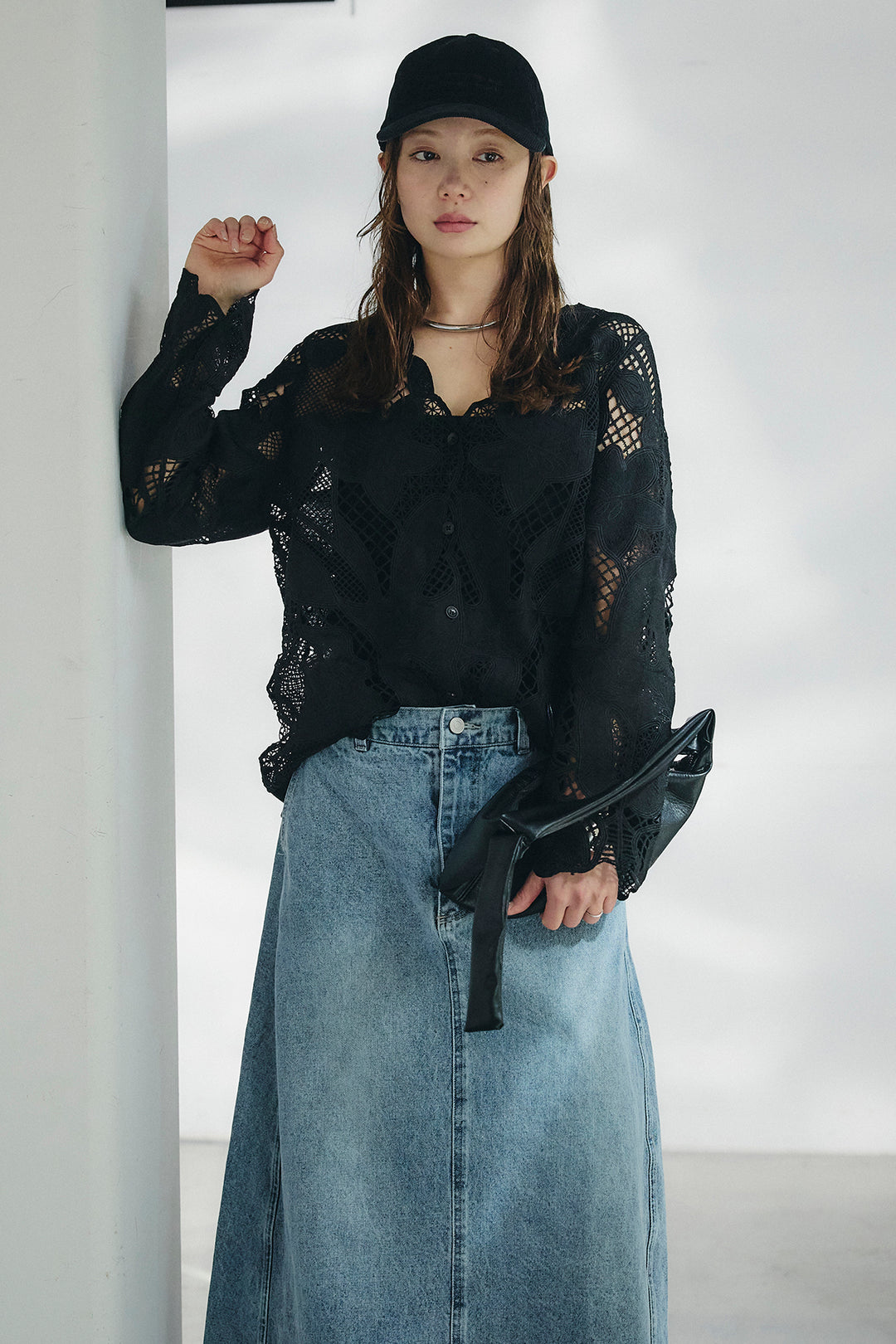 [SET]フラワー刺繍レースブラウス+デニムロングフレアスカート(2set)