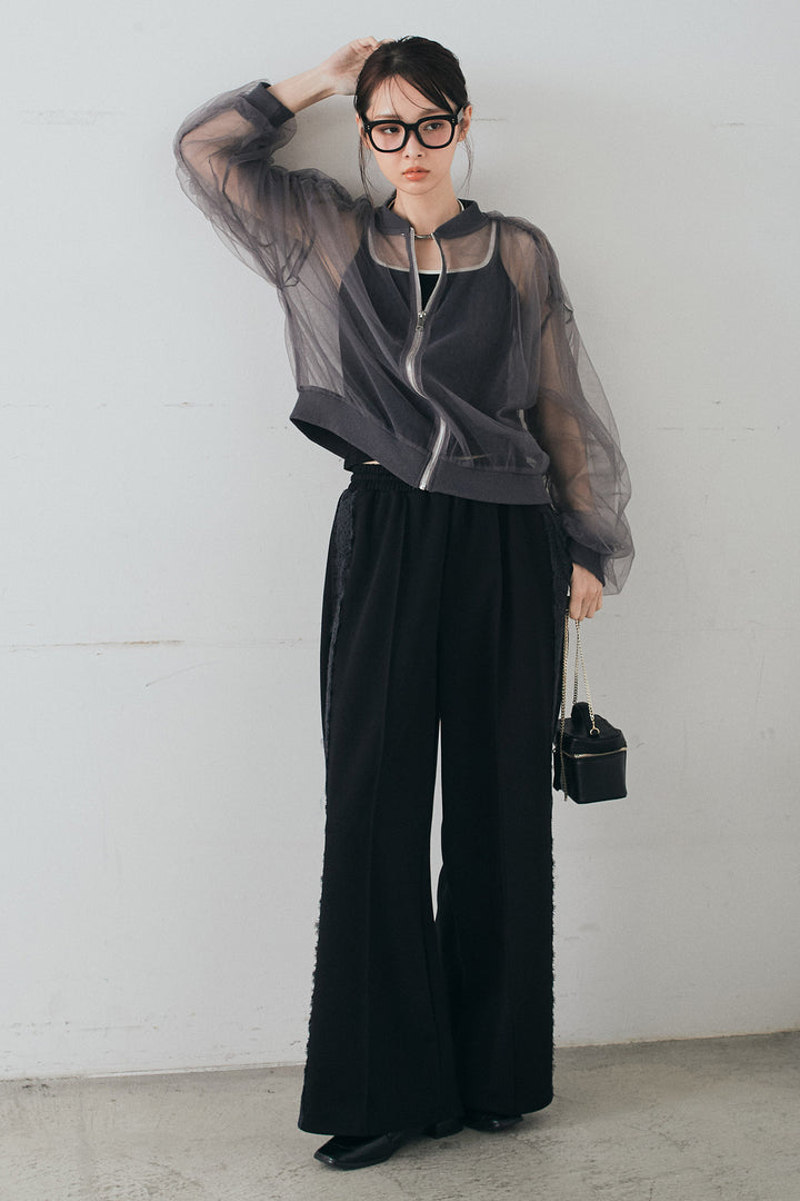 [SET]エアリーチュールスリーブシアーブルゾン+Wフェイスカットソーサイドレースラインパンツ(2set)