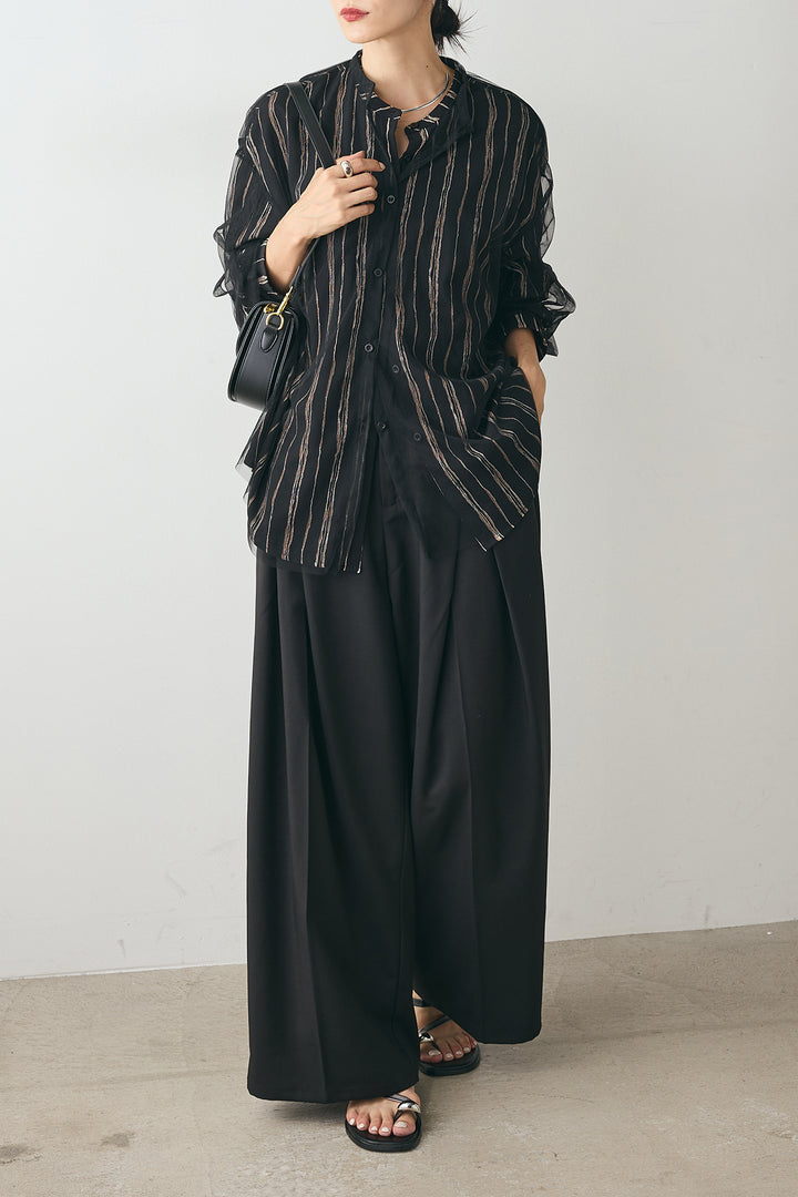 [SET]バンドカラー手書き風ライン柄シャツ+バンドカラー重ねシアーシャツ+フェイクレザーベルトセンタータックパンツ(3set)