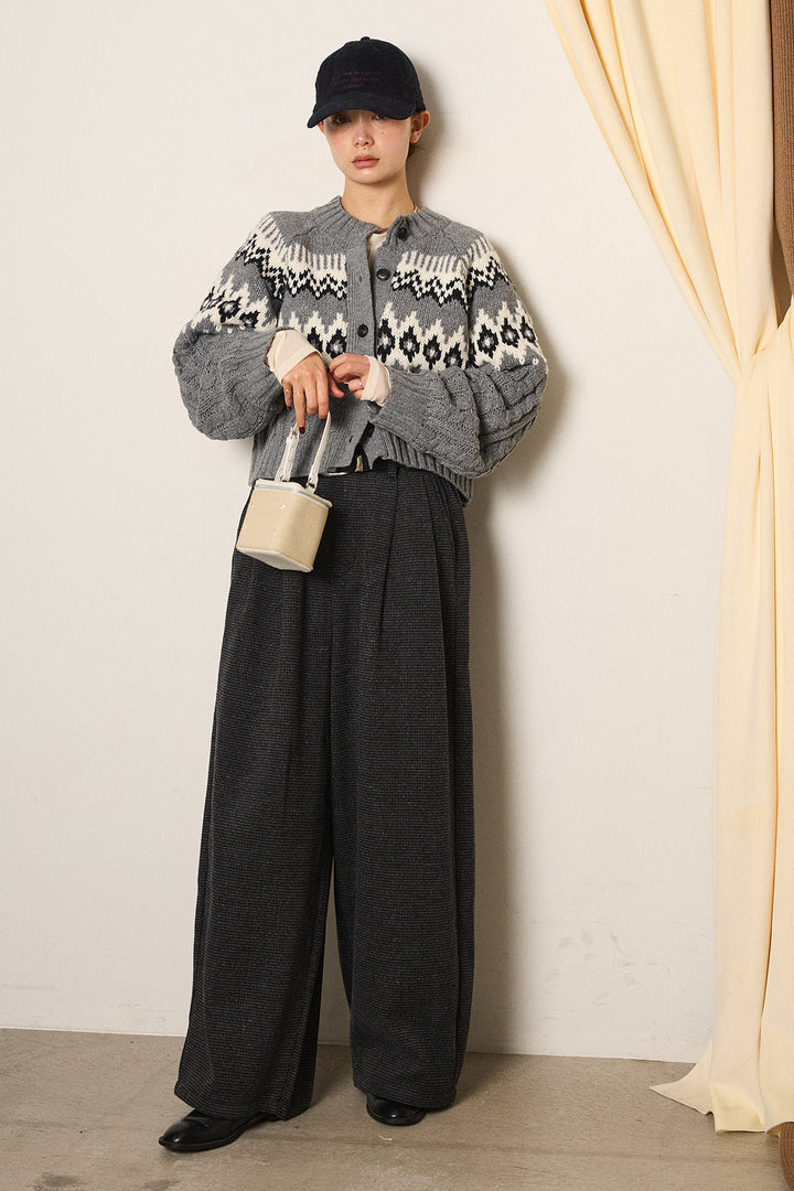 [SET]2WAY求心柄ジャガードショートカーディガン+起毛タック入りツイードワイドパンツ+2WAY袖コード刺繍クルーネックプルオーバー(3set)