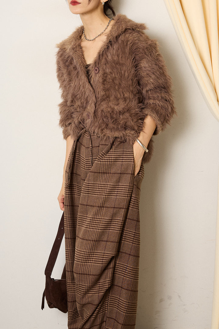 [SET]襟付きシャギーニットカーディガン+グレンチェックルーズタックパンツ(2set)