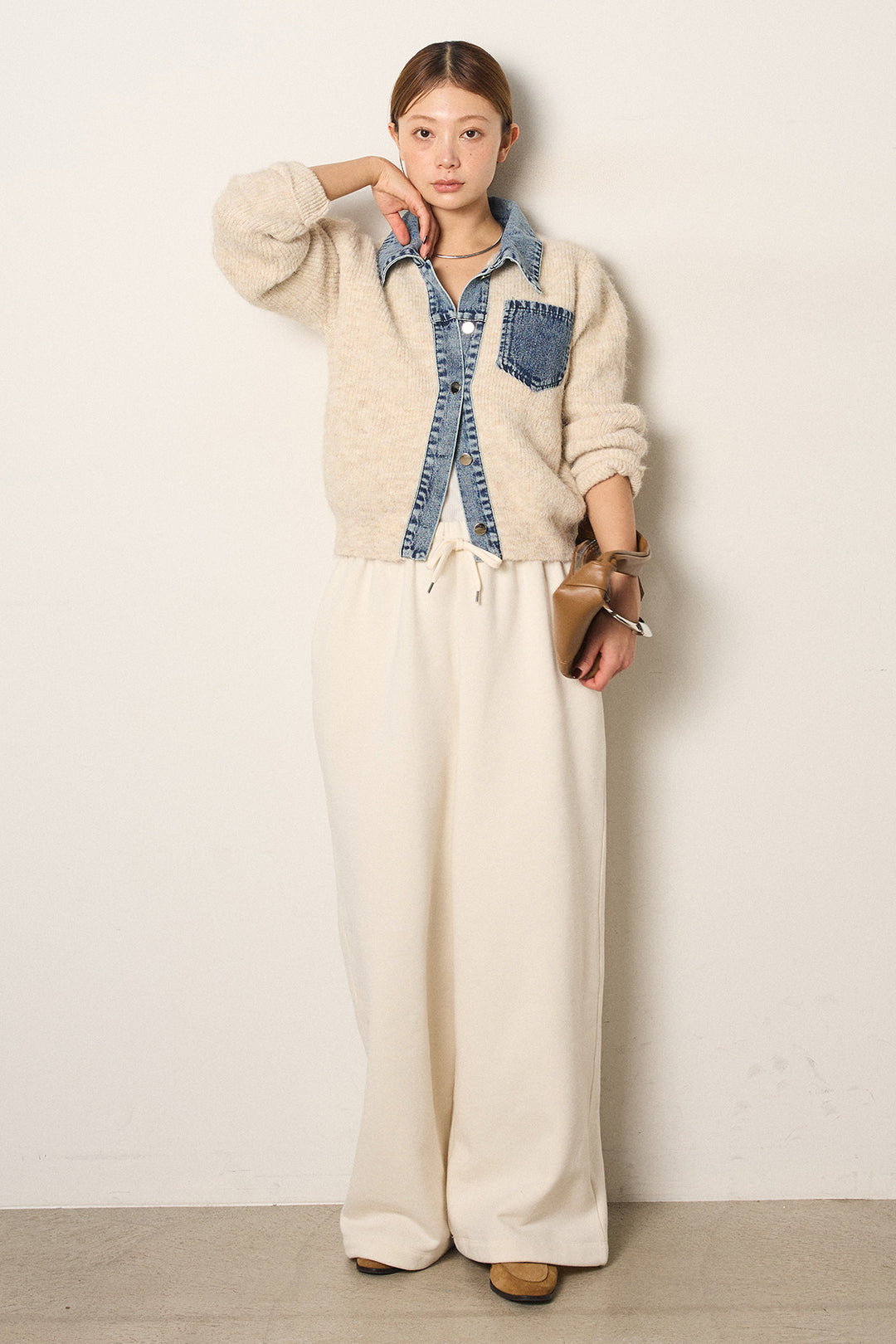 [SET]襟付きデニム切替ニットカーディガン+裏起毛スウェットワイドパンツ(2set)