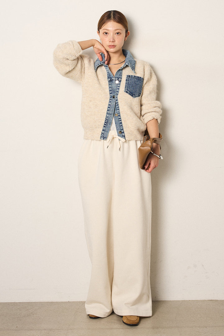 [SET]襟付きデニム切替ニットカーディガン+裏起毛スウェットワイドパンツ(2set)