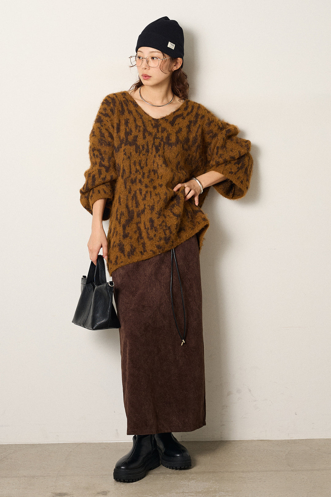 [SET]フラッフィーレオパードシャギーニット+ロープベルト付きスウェード調スカート(2set)