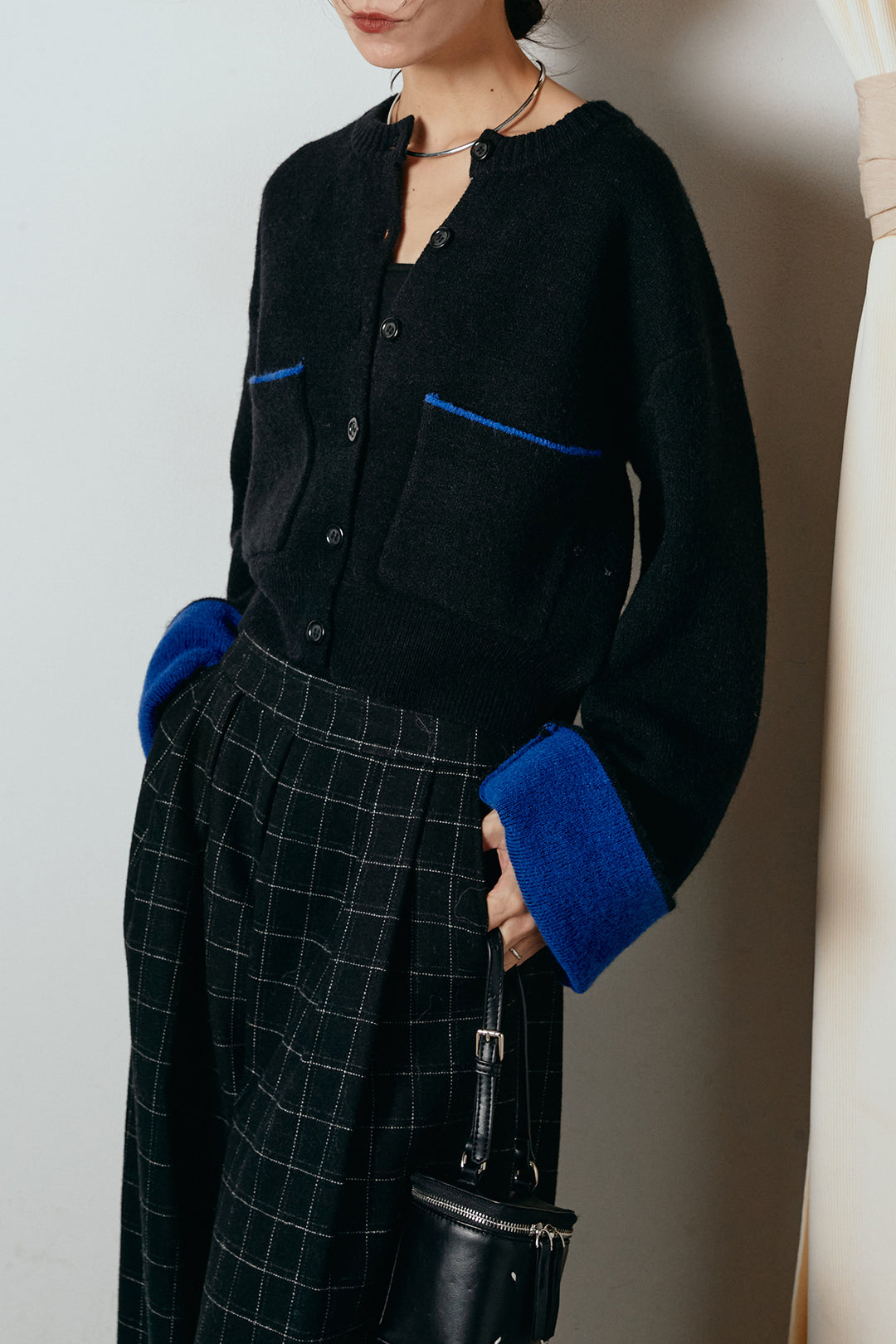 [SET]アルパカタッチダブルフェイスカーディガン+ウールライクチェックタックパンツ(2set)