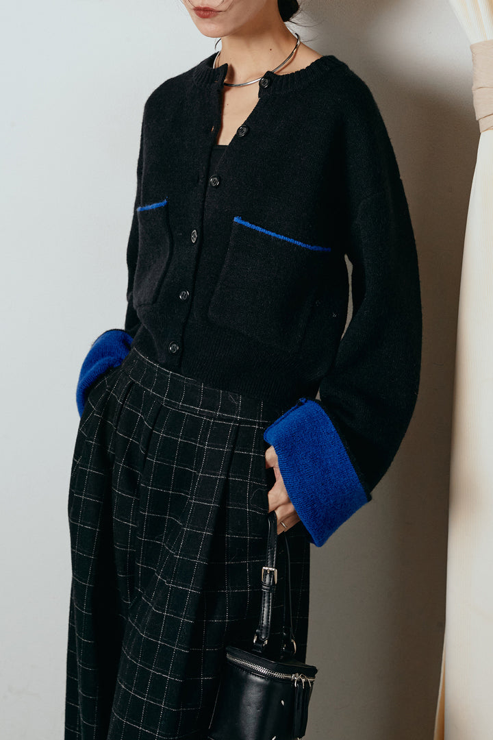 [SET]アルパカタッチダブルフェイスカーディガン+ウールライクチェックタックパンツ(2set)