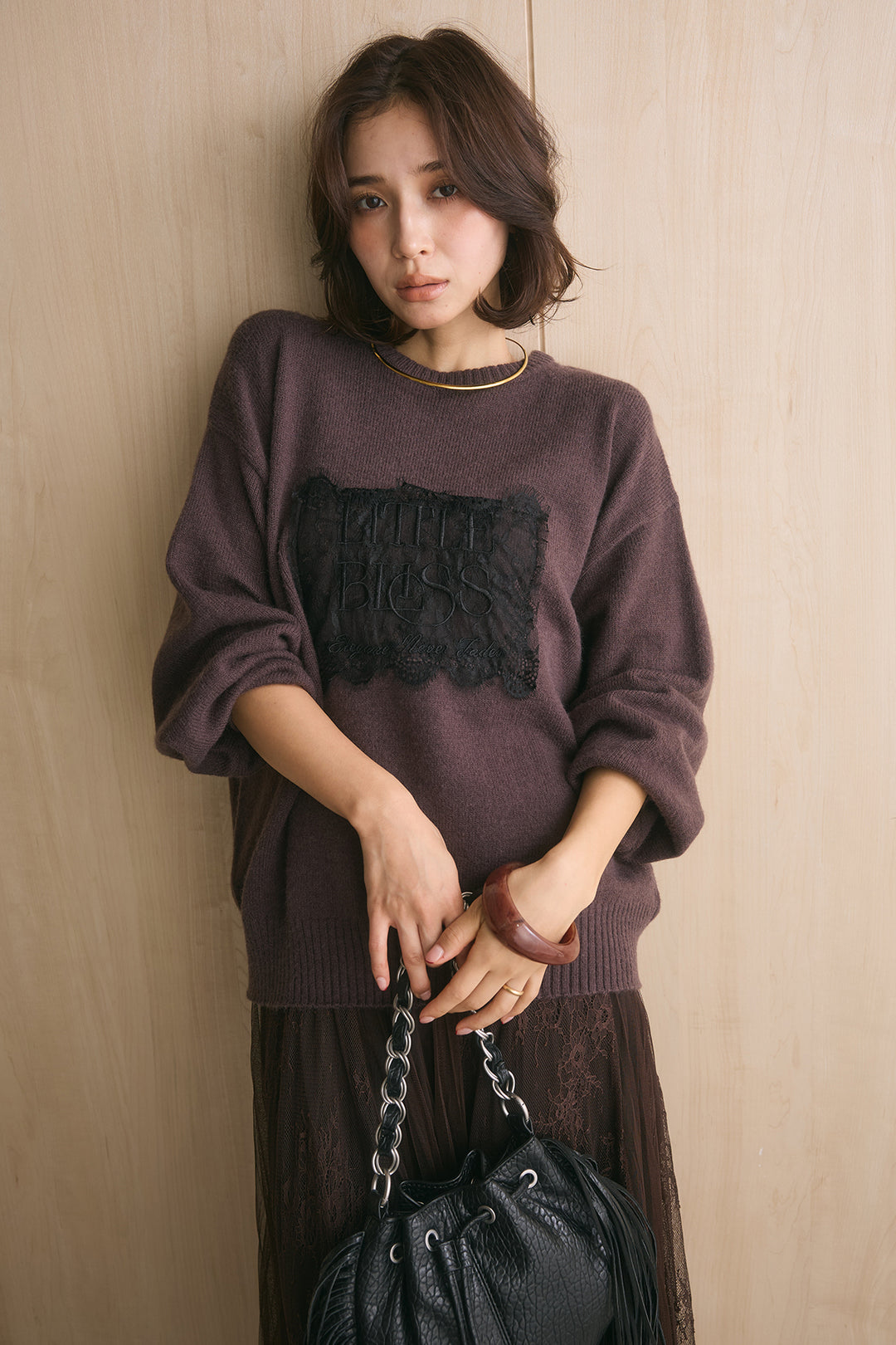 [SET]アルパカタッチ刺繍ロゴプルオーバー+エアリーシアーレースコンビスカート(2set)