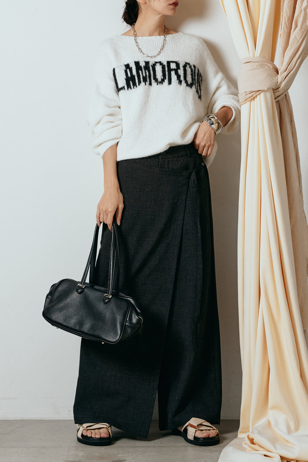 [SET]フロントロゴデザインニットトップス+ラップ巻きワイドスラックス(2set)